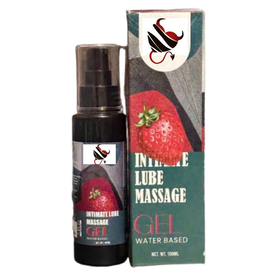 Intimate lube massage gel bottle and packaging with strawberry illustration on a white background