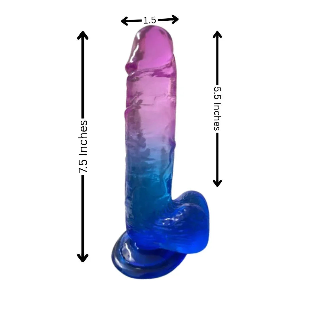 Multicolored silicone dildo with measurements on a white background