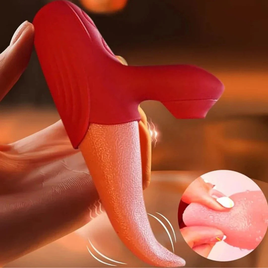 Red and orange silicone pussy licker held by a hand with close-up inset showing texture.