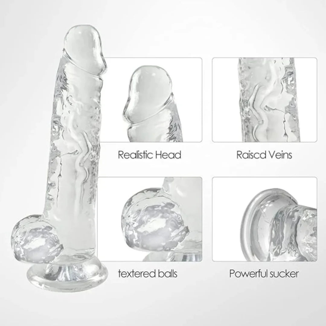 Clear silicone dildo with detailed features on a white background
