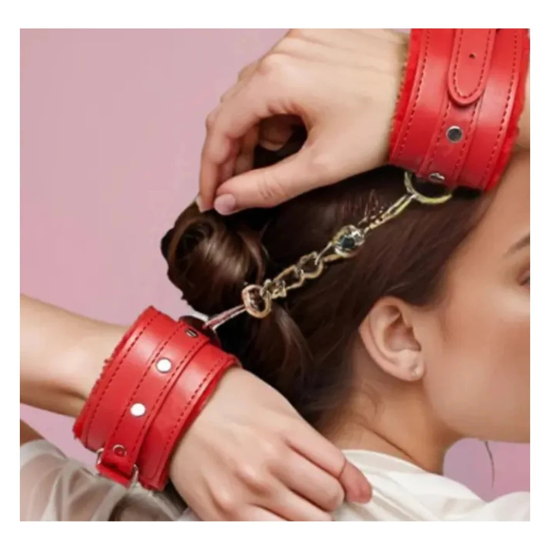 Red BDSM Bondage Faux Leather Handcuffs