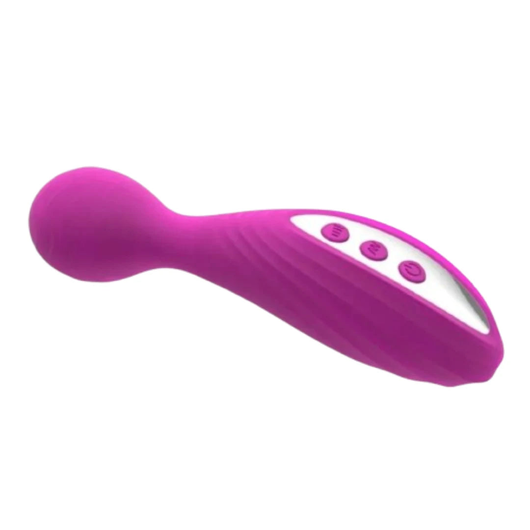 Purple electronic vibrator with buttons on a white background