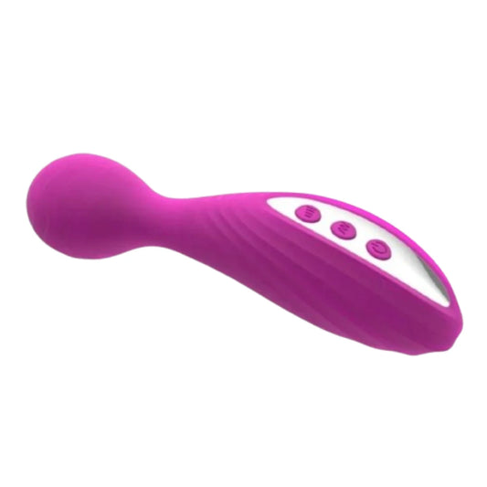 Purple electronic vibrator with buttons on a white background