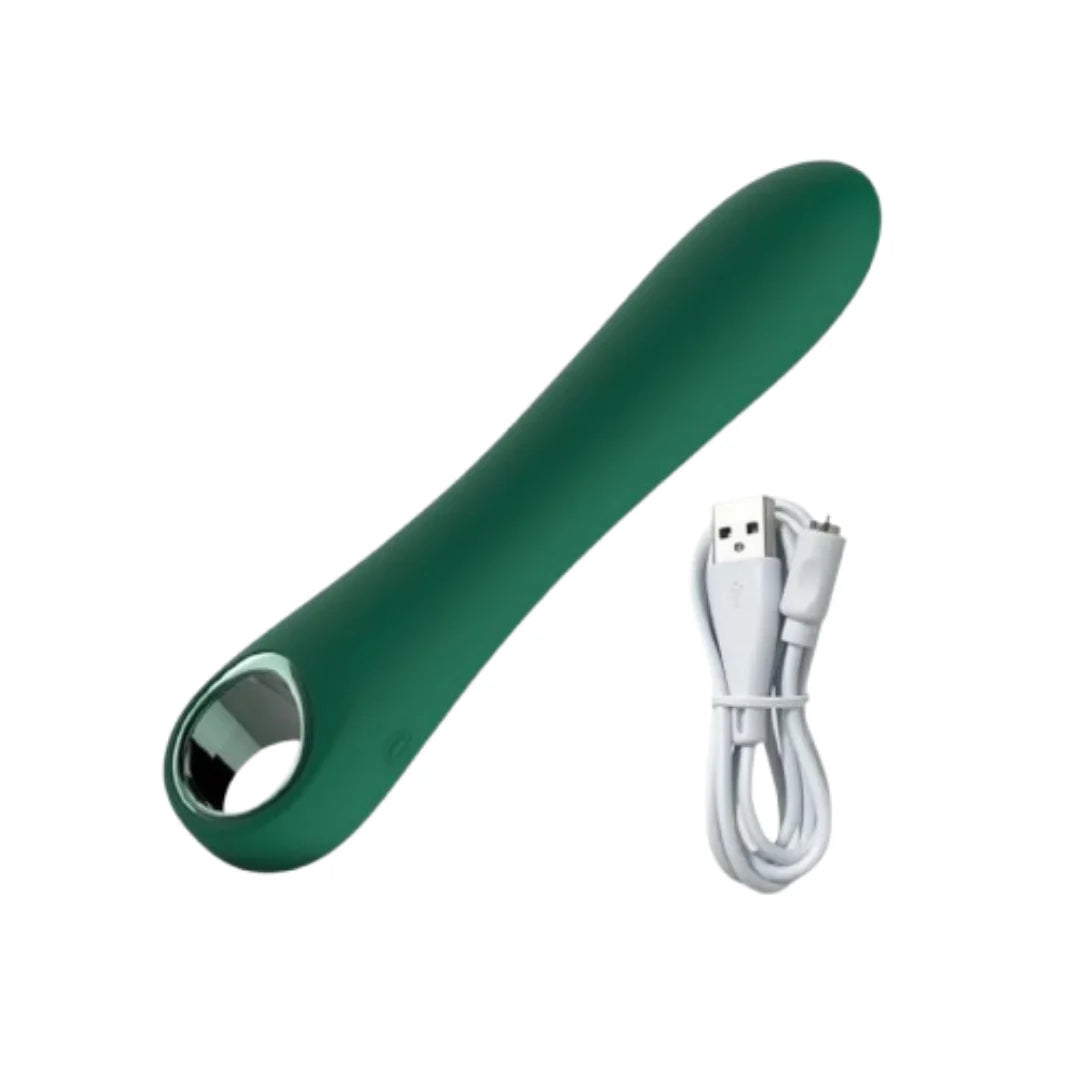 Green Vibrator with a USB cable on a white background