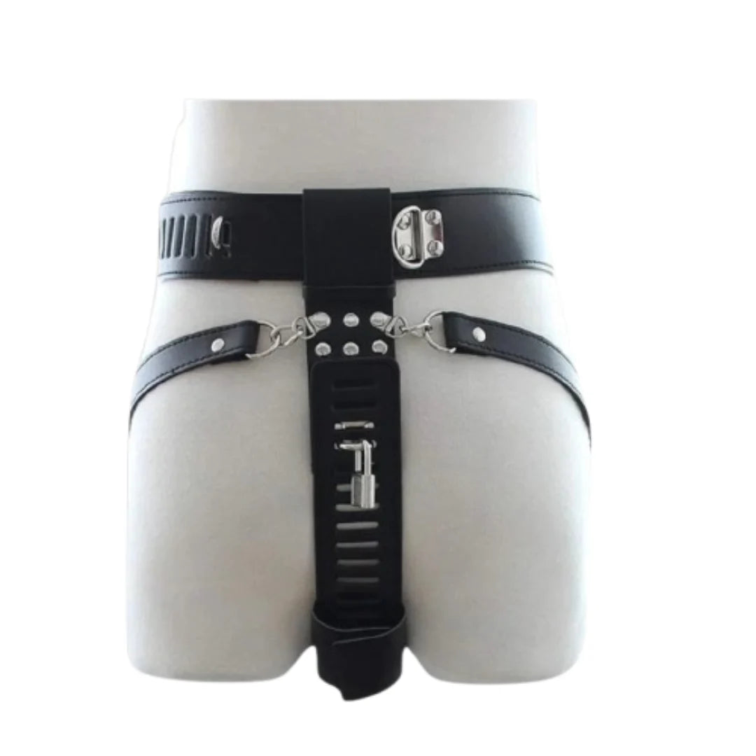 Black leather Women Chastity belt with metal buckles on a mannequin against a white background