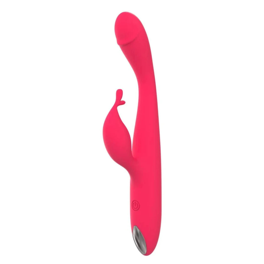 Red silicone clitoral stimulator vibrator on a white background