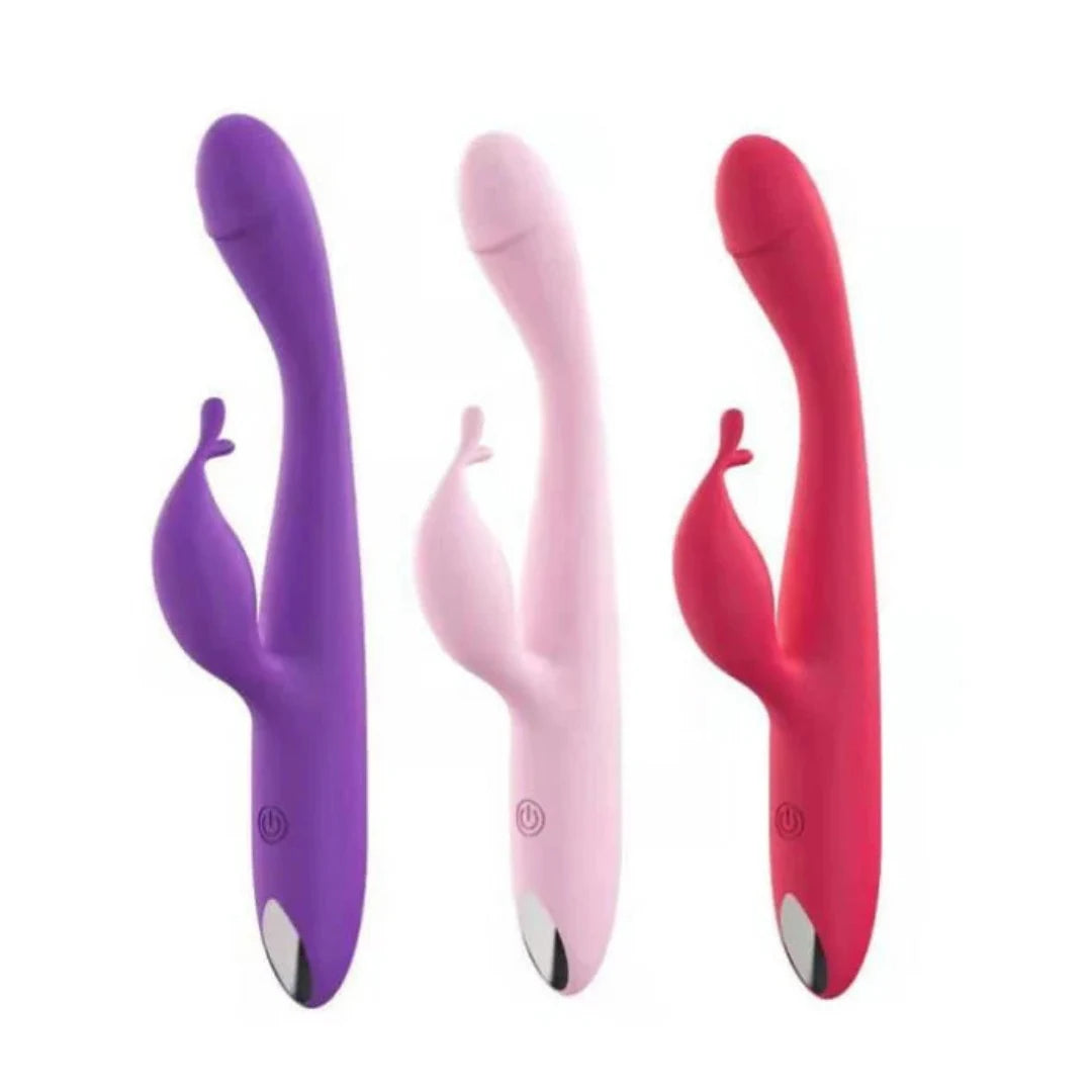 Three colorful vibrators in purple, pink, and red on a white background